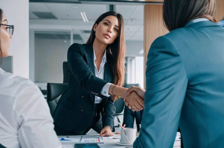 A confident woman handshaking