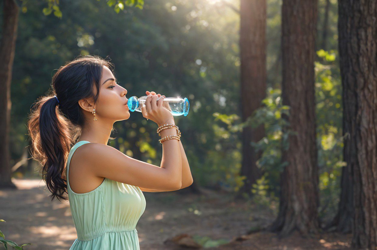 a girl drinking water in park