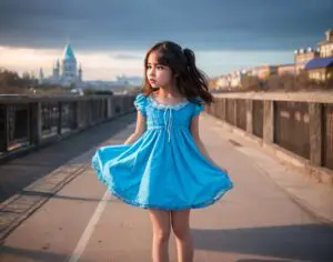 A cute girl wearing blue dress